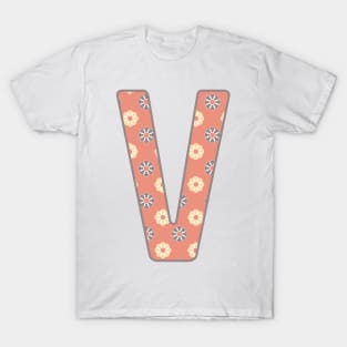 MONOGRAM LETTER V PINK FLORAL TYPOGRAPHY DESIGN T-Shirt